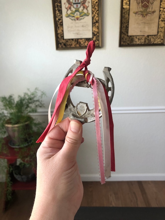 Good Luck Horse Shoe Charm with Old Ribbons Vintage Souvenir 1980s Eighties Solid Metal Kentucky Multicolored Ribbons Country