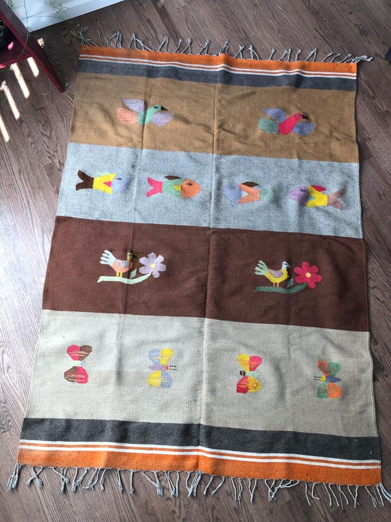 Wall Tapestry Textile Art Bird Rug Wall Hanging Peruvian Wall Hanging Handmade Wall Art Bird Decor 1980s Peruvian Tapestry South American