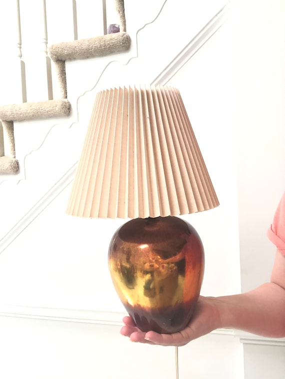 Mid Century Iridescent Lamp with Pleated Shade, Urn Shape Iridescent Ceramic Table Lamp, Amber Color Ceramic Glazed Lamp