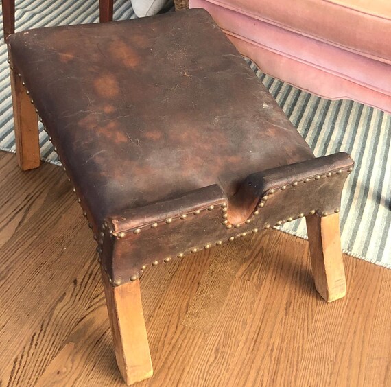 English Leather Foot Stool Antique Leather Footstool Antique Footrest Sloped Ottoman Leather Decor Gout Stool Medical Brass Nailheads