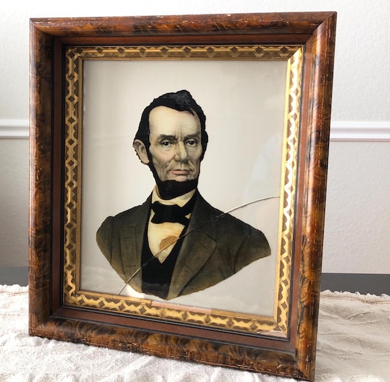 Antique Abraham Lincoln Photo Framed Print 1920s Wooden Frame Gold Color Square Frame Marble Cracked Glass Frame 1920s Decorations