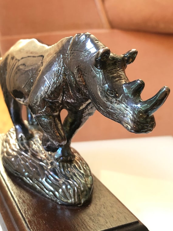Vintage Sterling Silver Rhino Statue on Wood Base  Signed DG Marked Filled 7" x 2.5" x 4" Rhinocerous Display Piece Elegant