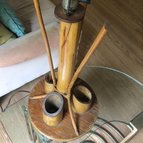 Paul Frankl Style Exotic Art Deco Bamboo Lamp Boho Bohemian Light Fixture Light Blonde Wood Lamp Tropical Island