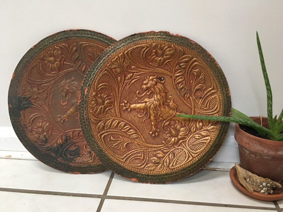 Set of Two Victorian Royal Lion Paper Mache Plates with Leather Like Appearance Decorative Wall Plaques English Great Britain England