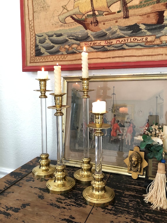 Collection of Vintage Brass and Lucite Candle Sticks, Taper Holders, MCM, Clear and Brass Decor, Centerpiece Candles, Mantle Candles