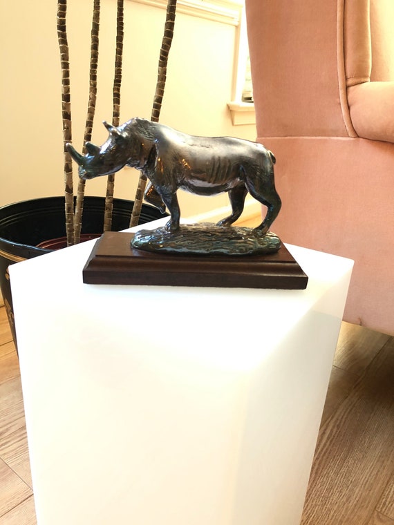 Vintage Sterling Silver Rhino Statue on Wood Base - Signed DG, Marked Filled, 7" x 2.5" x 4", Rhinocerous Display Piece, Elegant