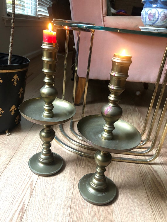 Set of Two Antique 18" Bronze Candle Holders, Tall Brass Candlesticks, Wedding, Pillar Candle Holders, Altar Candle Holders, Boho