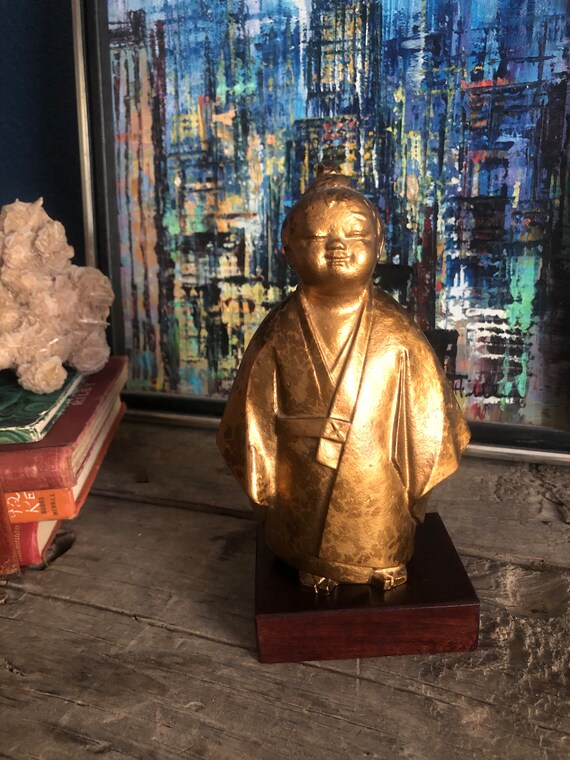 Vintage 6" Tall Japanese Gilt Metal Okimono Selflessness Child - Yokoyama Taikan, Buddha, Zen, Enlightenment, Japanese, Butsudan