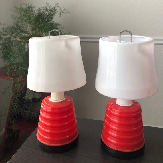 Camping Lights Set of Two Vintage Red and White Chadwick Miller Outdoor Camping Lamps Ribbed Design Lantern Lights Modern Design