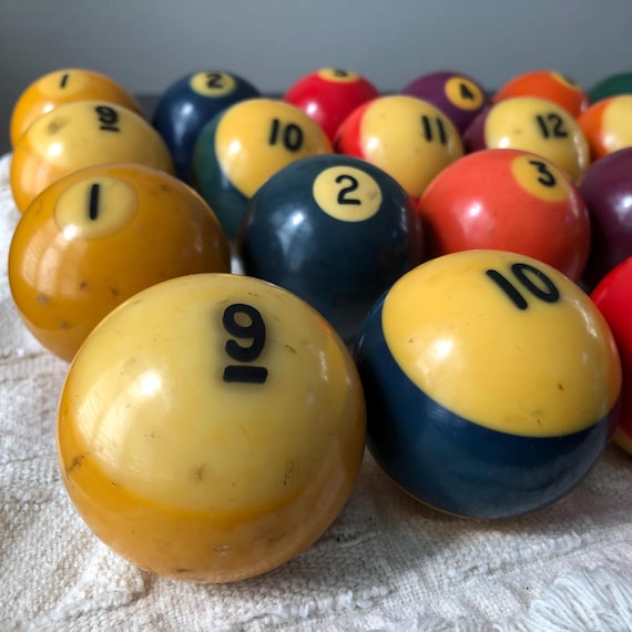 Vintage Complete Set of Bakelite Broken Stripe Billiard Pool Balls Made in Belgium MidCentury Made with Phenolic Resin 1960s