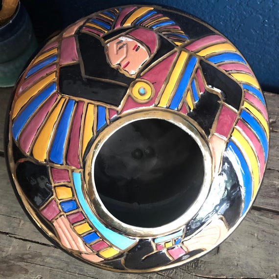 Spectacular One of Kind Native or Central American MultiColor Glazed Planter Dancing Chief Gold Accents with Red Orange Blue Glazes