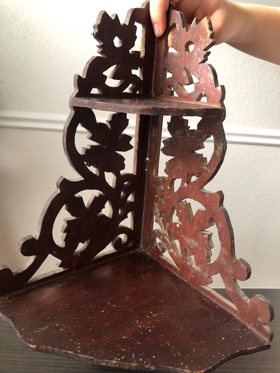 French Carved Wooden Corner Shelf Handmade Floral Design 1960s Sixties MidCentury