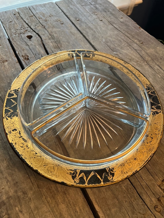 Glass Dish Section Burmese Gilt and Black Lacquer Trinket Dish with Three Sections  Intricate Detailed Elegant Unusual Unique Mid Century