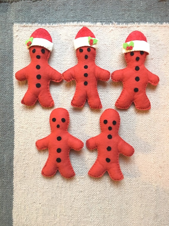 Handmade Gingerbread Men, Set of Five, Gingerbread Men with Santa Hats, Mid Century, Christmas Decoration, Family of Five