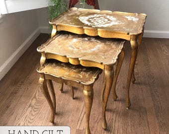 Gold Tables Gold Side Table Gold Finish Bedroom Decor Carved Tables Set of Three Tables Living Room Tables Florentine Nesting Tables