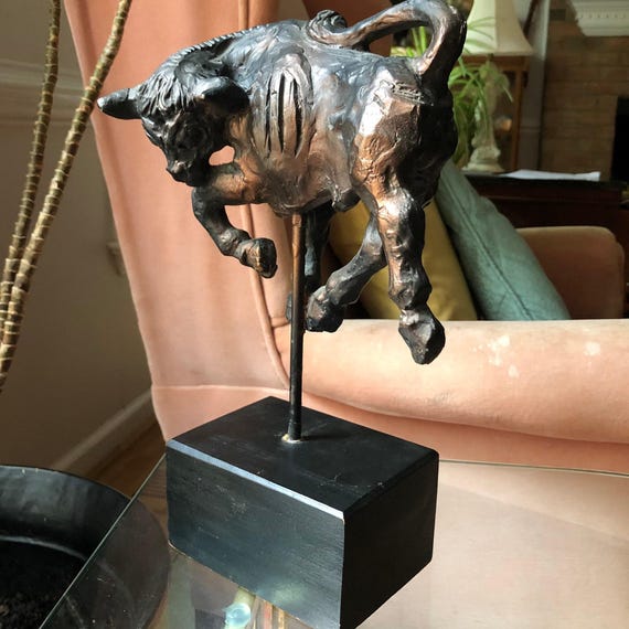 Vintage Mid Century Modern Brutalist Bull on Black Pedestal  Taurus Toro Sculpture Statue Composite Resin Display Piece