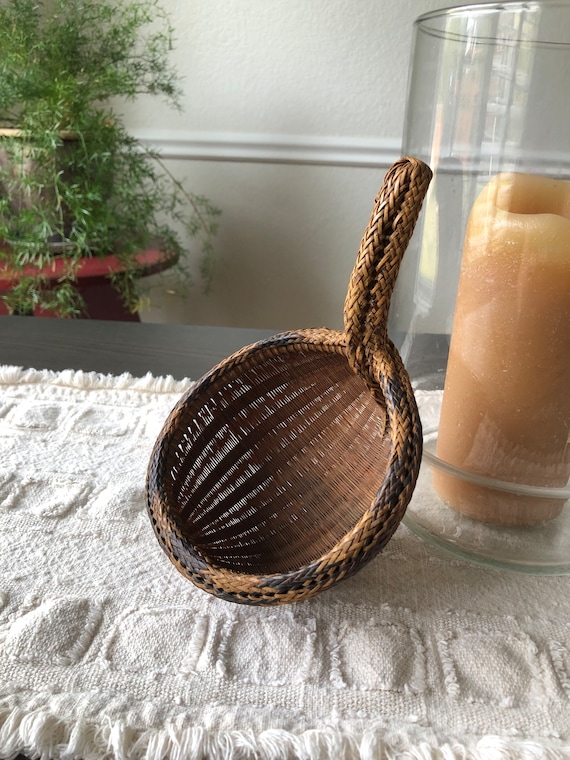 Wicker Handled Basket Rattan Wooden Wicker Bowl Weaved Decor Made in France 1960s Sixties MidCentury