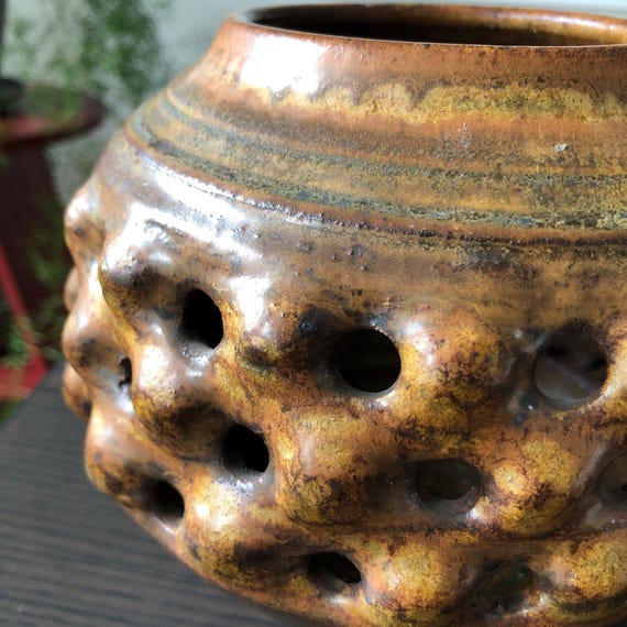 Ceramic Pottery Glazed Votive Candle Holder Pierced Pottery Signed Unique One of a Kind Vintage Pottery Ceramic Signed Pottery Boho Chic