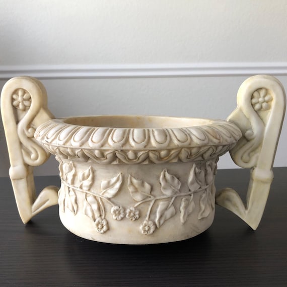 Elegant Terrace Vessel Oval Garden Planter with Two Handles Flower Bed Pot Urn 3D Raised Embossed Surface Vintage Unique