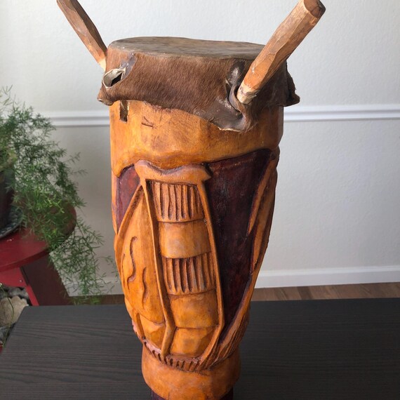 Large Hand Carved Drum with Palm Trees Pineapples Indigenous Face African or Haitian or Puerto Rican Vintage Unique Folk Art