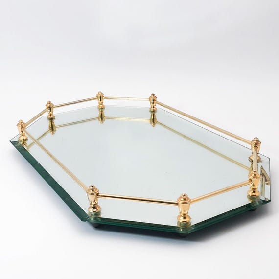 Mirror Vanity Tray 1980's Mirror with Gold Tone Accents Vanity Tray Jewelry Tray Dresser Perfume Decor Mod Ottoman Tray Eighties Decor