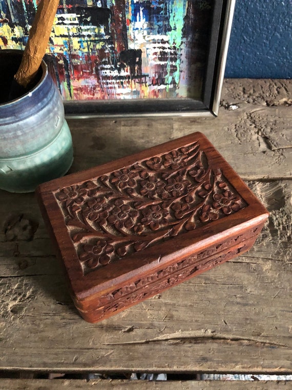 Mid Century Carved Teak Wood Thai Jewelry Storage Box, Large Thai Carved Wooden Box, Wooden Storage Box,Flower Motif,Floral Design