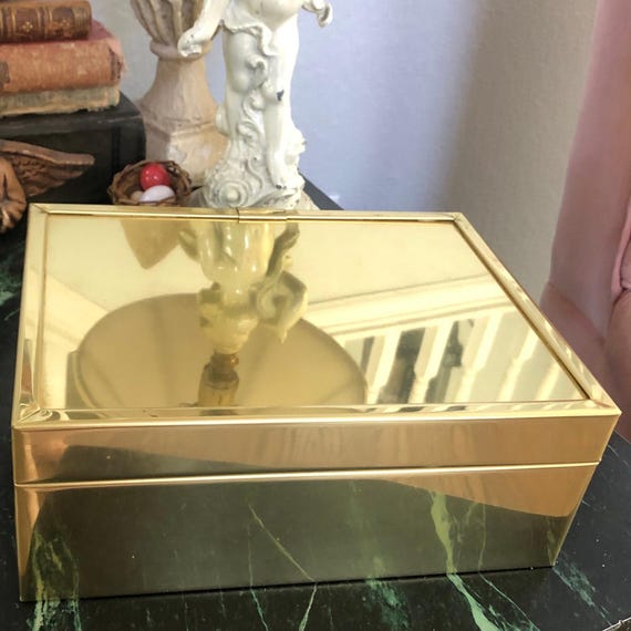Vintage Shiny Metal Box Cigar/Tobacco Box Polished Brass Decrorative Keepsake Oraganizer Wood Inside Gold Color 1970s Office Box