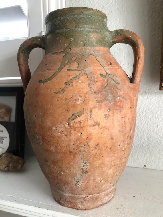 Terracotta Jar Olive Oil Amphora Vase Antique Turkish Jar Green Glazed Vase Clay Red Jar Brown Wabisabi Art Two Handled Jar Earthenware