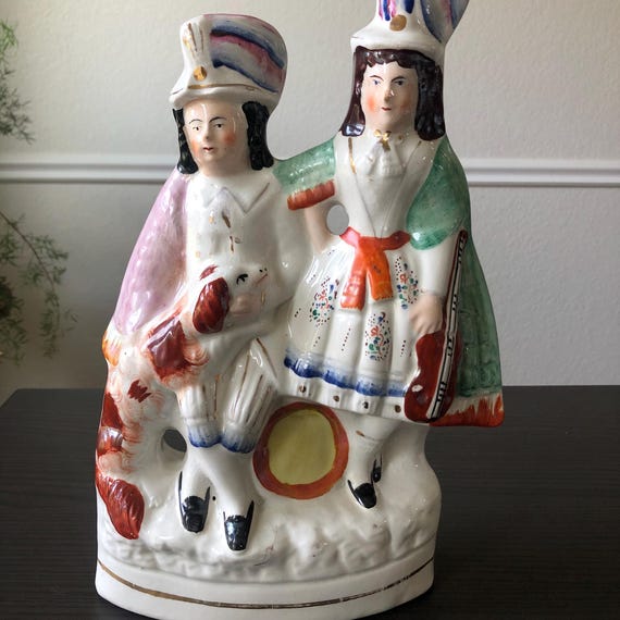 Ceramic Porcelain Figurines Vintage Pottery Decor Musician Staffordshire Figurines Couple Dog Figurine Living Room Decor Display Case Curio