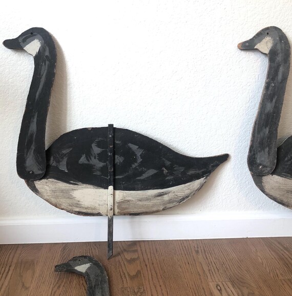 Hand Painted Wood Art Geese Statue Goose Decoy Hand Carved Goose Decor Hand Carved Board Decor 1960s Folk Art Set of 5 Rustic Silhouette