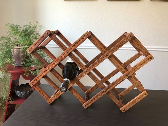 Vintage Accordion Rack Hand Carved Wooden Collapsible Wine Rack Folding Leaf Design Brown Brass Nails