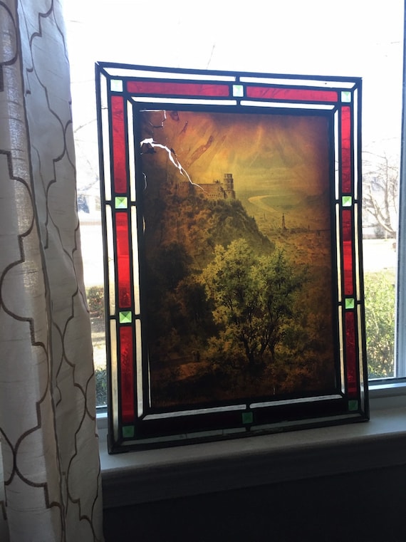 Antique Stained Glass Window Sun Catcher Decor Glass Painting by Hermann Ludwig Heubner Signed Artwork Reverse Printed Glass Vivid Art Work