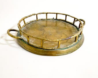 Vintage Faux Bamboo Brass Tray with Handles Mid Century Modern Serving Tray Metal Catchall Faux Bamboo Brass Round Tray With Handles