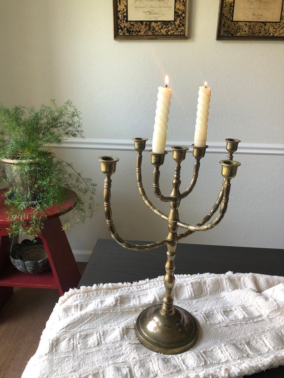 Midcentury Modern Brass Candle Holder Free Standing Candle Holder 7 Arm Brass Menorah Candle Stick Holder Vintage Jewish Judaica Brass