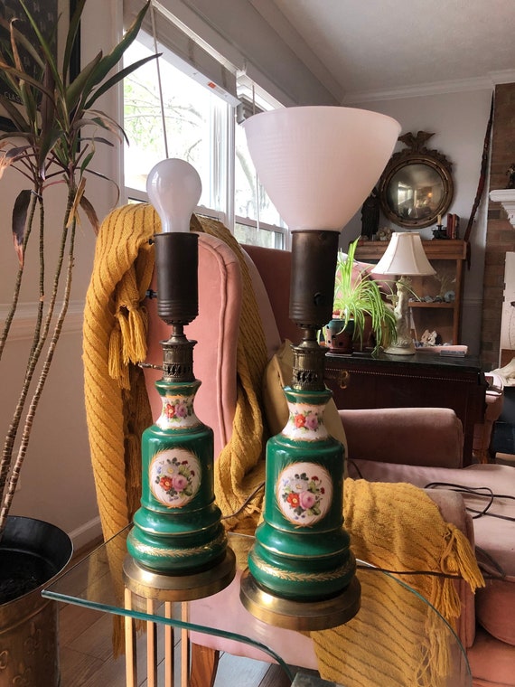 Pair of Midcentury Green and White Hand Painted Porcelain Lamps featuring Floral Pattern, One with Milkglass Torchiere Shade, MCM