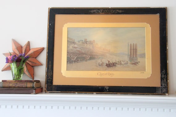 Antique Jean-Leon Gerome's Chariot Race Print Hand-Coloured by John Wilson Seno Greek Revival Frame, Museum Quality, Gallery Wall (WTH-864)