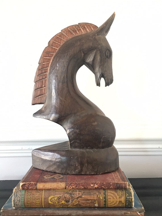 Mid Century Brutalist Horse Head Sculpture with Mane  Handcrafted  Wooden Bookend Table Top Centerpiece Rustic Horse Figure