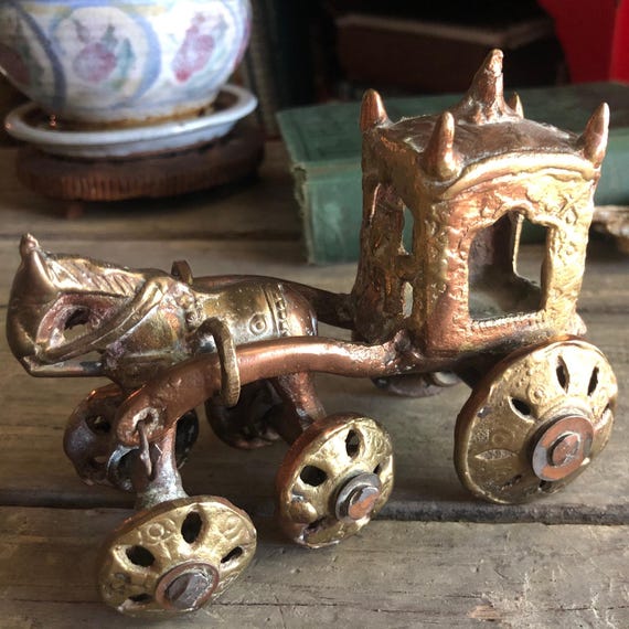 Antique Indian Temple Toy  Horse and Carriage Ghoda and Rath Ceremonial Cart Rare Find Rider Vintage Maharaja Collectible