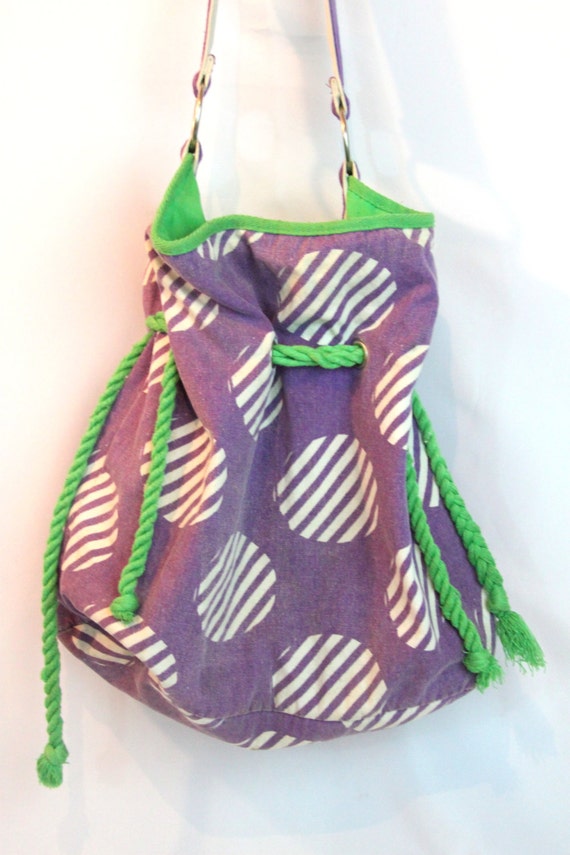 Purple Polka Dot Drawstring Purse, The Arizona Jeans Company Bag, Handbag, Shoulder Bag, Sling Bag, Purple and Green, Gift for Her WTH-1108