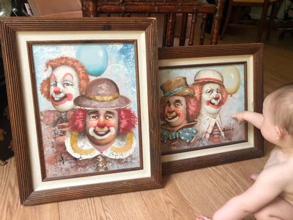 William Moninet Framed Clown Paintings, Set of Two, 1970s Artwork, Vintage Clown/ Circus Art, Harlequin Figure, Vintage Circus Decor