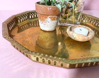 Vintage Solid Brass Gallery Tray Pierced Hollywood Regency Butler Serving Tray Brass Round Tray Ottoman Pierced Sides Enesco Imports