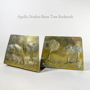 Vintage Apollo Studios Brass Tree Bookends Mid Century Modern Brutalist Landscape Book Ends