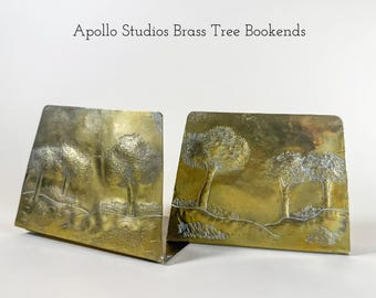 Vintage Apollo Studios Brass Tree Bookends Mid Century Modern Brutalist Landscape Book Ends