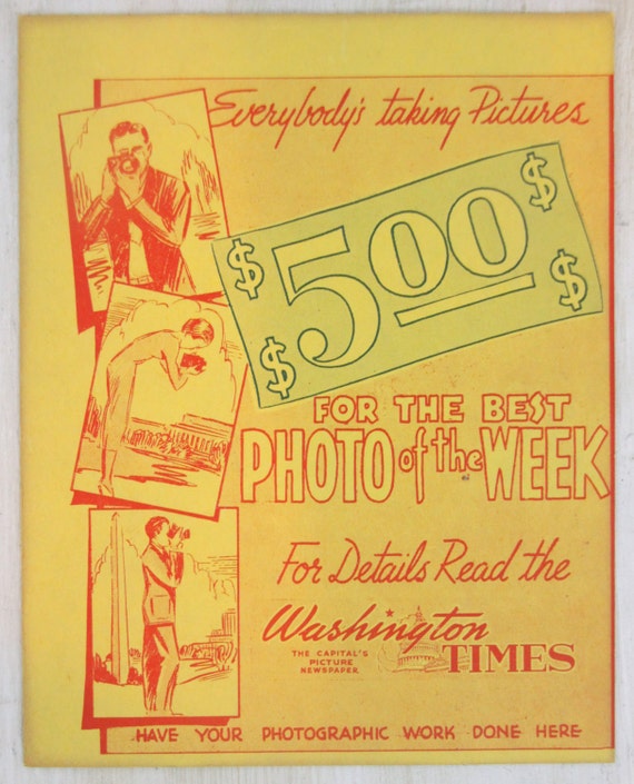 Vintage Cardboard Sign - Washington Times Photo of the Week, Advertisement, Graphic Design, Red and Yellow Decor, Photography (WTH-696)