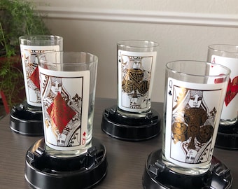 Casino Cups Drinking Glasses Poker Coaster Game Night Decor Poker Playing Card Decor Suite Art Cocktail Set Highball Glasses Vintage Decor