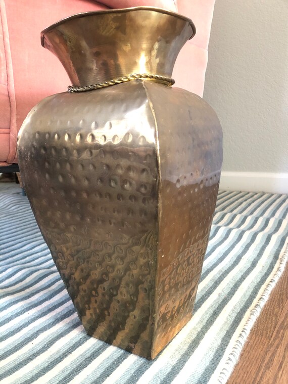 Vintage Solid Brass Vase with Tassel Rope DesignHammeredRope DetailingHollywood Regency1980s Jar Vase Square/Rectangular shape