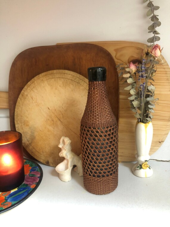 Wrapped Wicker Glass Bottle, Cane Wrapped Bottle, Green Bottle with Rattan Cover, Antique Rattan Bottle, Classic Decor