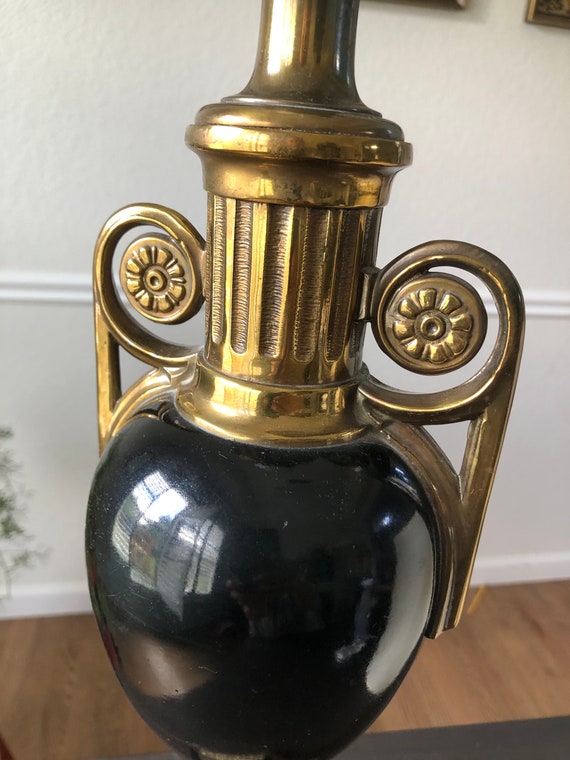 Brass Lamp Black Marble Lamp French Drum Shade Ball Finial Black Gold Swirls Gold Lighting Vintage Hollywood Regency Lamp Brass Marble Lamp