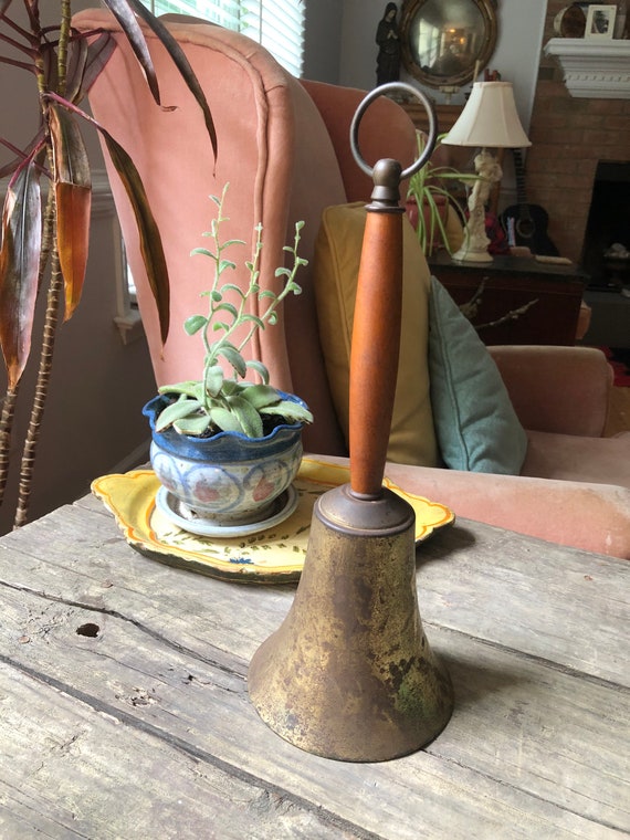 13"x5" Large Brass Bell with Wooden Handle and Circle Hook, Decorative Dinner Bell, Urban Cottage Farmhouse, School Bell, Aged Patina