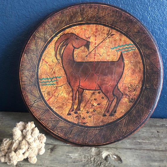 Mexican Folk Art Plate 18" Wide Solis Ollin Signed Clay Plate Wall Plate Rustic Southwest Pottery Goat Design Earthenware